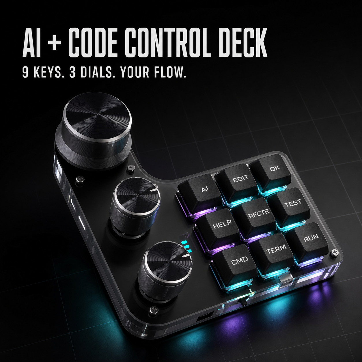 PromptPad 9 AI and code control deck with nine illuminated keys and three black rotary dials